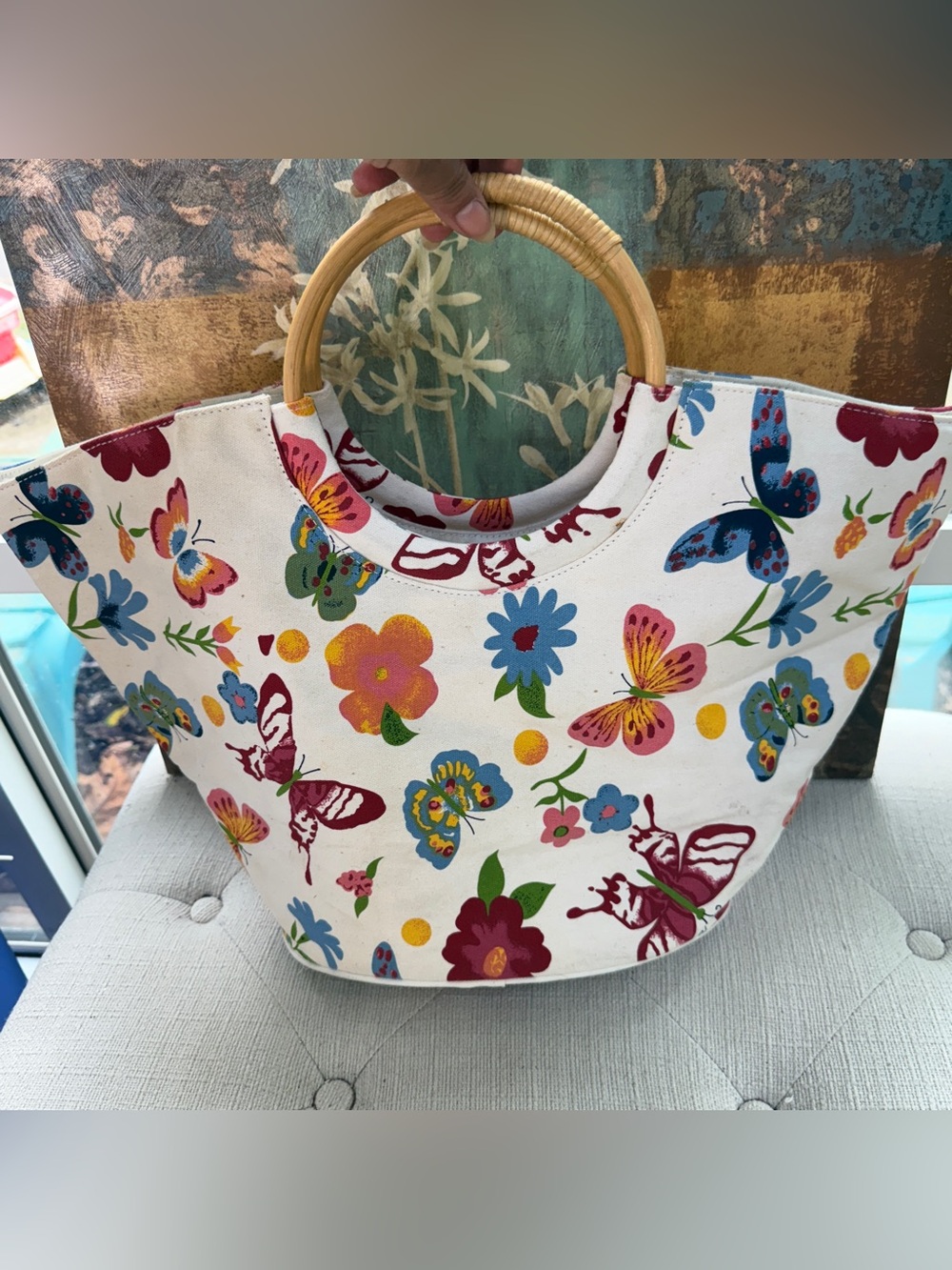 Floral & Butterfly Canvas Tote Bag with Bamboo Handles - White
